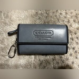 COACH Vintage Blue Navy Trim Leatherware Wallet Card Case Key Chain Slip Pocket